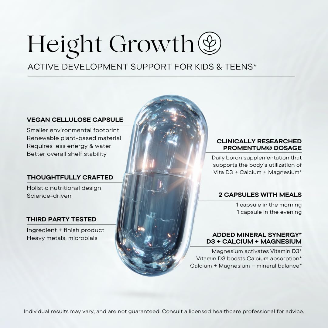 Height Growth Supplement for Kids & Teens - Clinically Tested Boron, Vitamin D3, Calcium, Amino Acids, Magnesium Pills - Hormone Health, Development, Nutrition Support - 60 Vegan Capsules