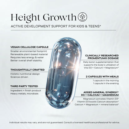 Height Growth Supplement for Kids & Teens - Clinically Tested Boron, Vitamin D3, Calcium, Amino Acids, Magnesium Pills - Hormone Health, Development, Nutrition Support - 60 Vegan Capsules
