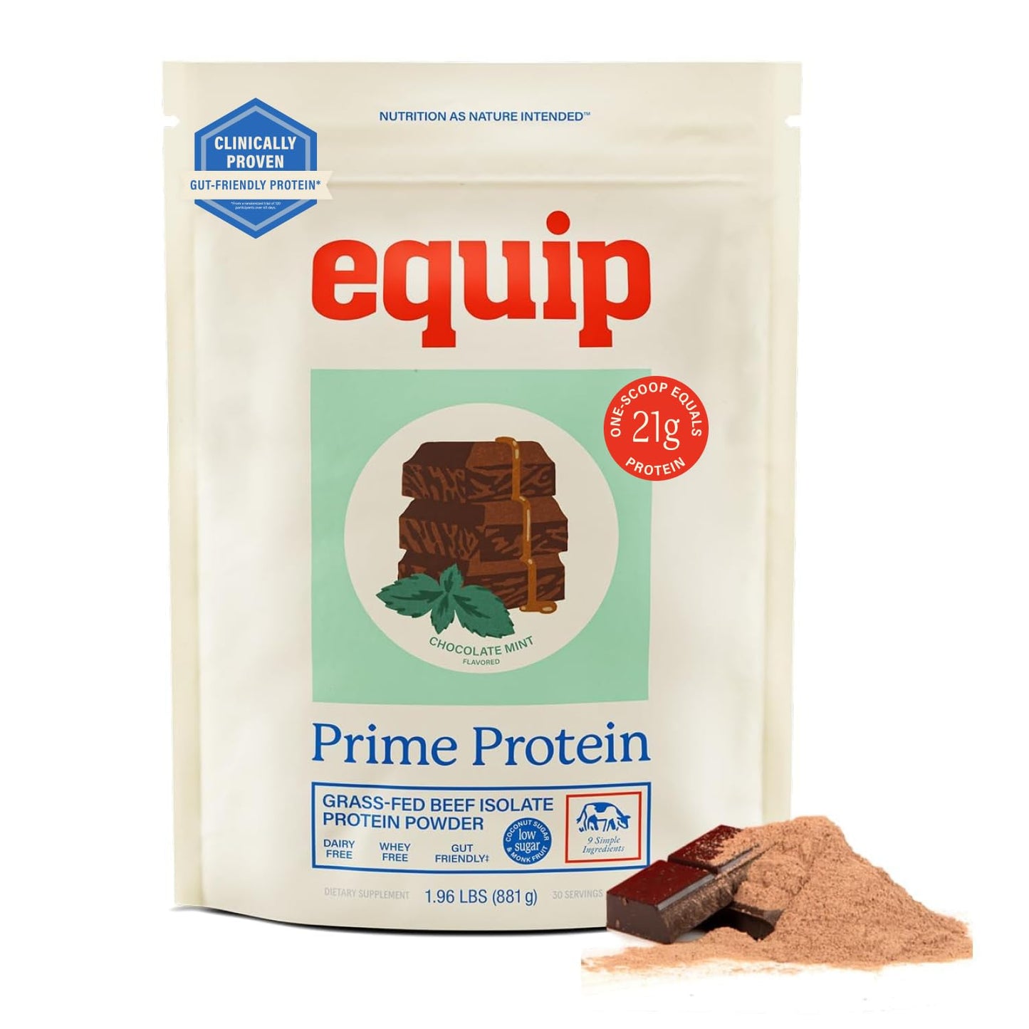 Equip Prime Chocolate Protein Powder - Gut-Friendly, No Sugar Protein Shake Powder with Grass-Fed Beef & Natural Collagen - Rich & Creamy Mix - 21g Per Serving - Whey & Dairy-Free (30 Scoops)