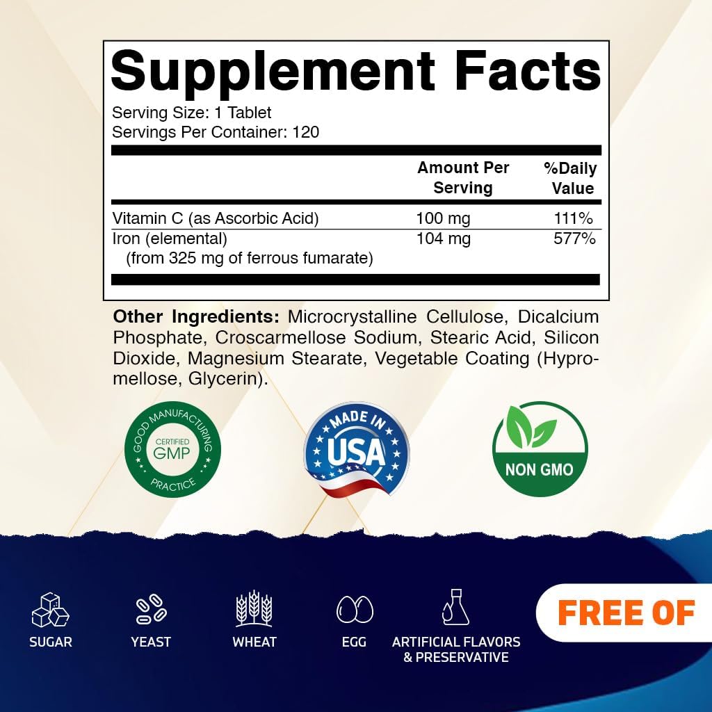 Vitamatic Ferrous Fumarate 325 mg + Vitamin C 100 mg (104 mg Elemental Iron) – High Potency Iron Supplement – Gentle on Stomach, 120 Coated Tablets, Made in USA