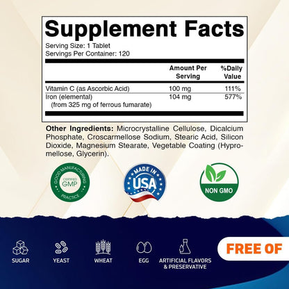 Vitamatic Ferrous Fumarate 325 mg + Vitamin C 100 mg (104 mg Elemental Iron) – High Potency Iron Supplement – Gentle on Stomach, 120 Coated Tablets, Made in USA