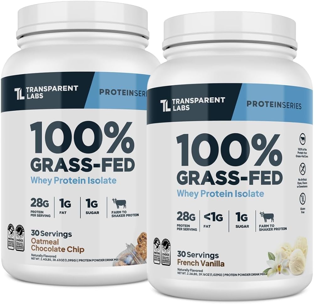 Transparent Labs Grass-Fed Whey Protein Isolate (30 Servings, French Vanilla) & Grass-Fed Whey Protein Isolate (30 Servings, Oatmeal Chocolate Chip Cookie)