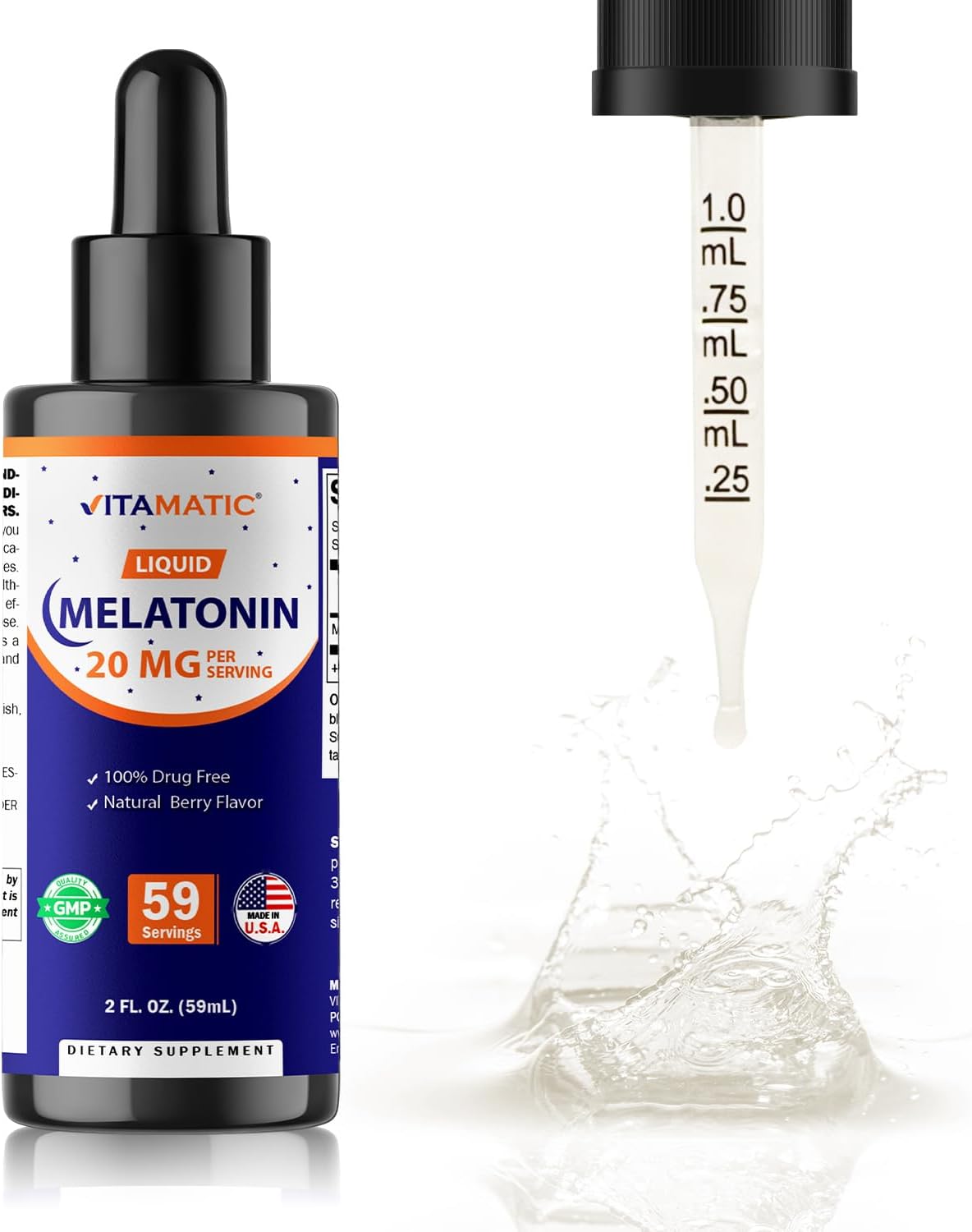 Vitamatic Liquid Melatonin 20 mg, 2 fl oz (59 mL) - 2 Pack | Sleep Support*, Natural Berry Flavor, Non GMO, Gluten Free, Made in USA