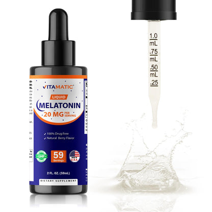 Vitamatic Liquid Melatonin 20 mg, 2 fl oz (59 mL) - 2 Pack | Sleep Support*, Natural Berry Flavor, Non GMO, Gluten Free, Made in USA
