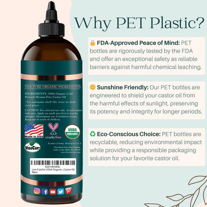 Live Fraiche USDA Organic Cold Pressed Castor Oil (16oz), 100% Pure, Hexane-Free Castor Oil