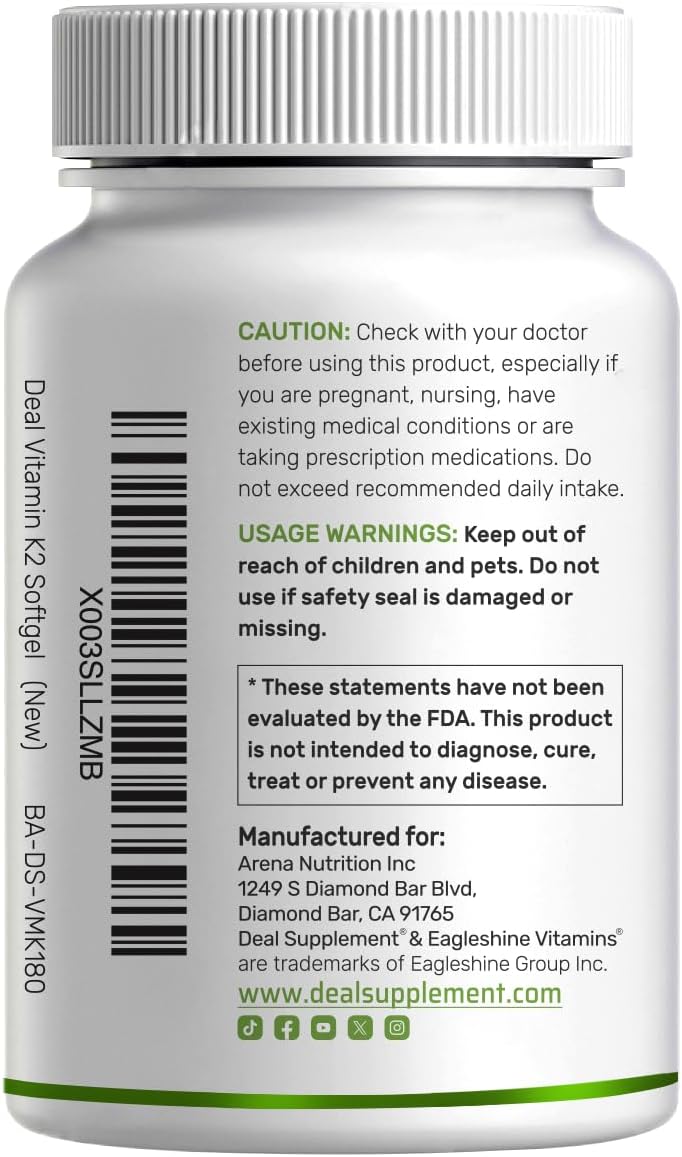 DEAL SUPPLEMENT Vitamin K2 MK-7 200mcg Per Serving, 240 Coconut Oil Softgels | Easily Absorbed Menaquinone-7 Form | Bone, Joint, & Immune Support – Non-GMO