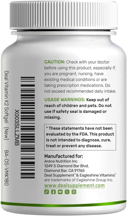 DEAL SUPPLEMENT Vitamin K2 MK-7 200mcg Per Serving, 240 Coconut Oil Softgels | Easily Absorbed Menaquinone-7 Form | Bone, Joint, & Immune Support – Non-GMO