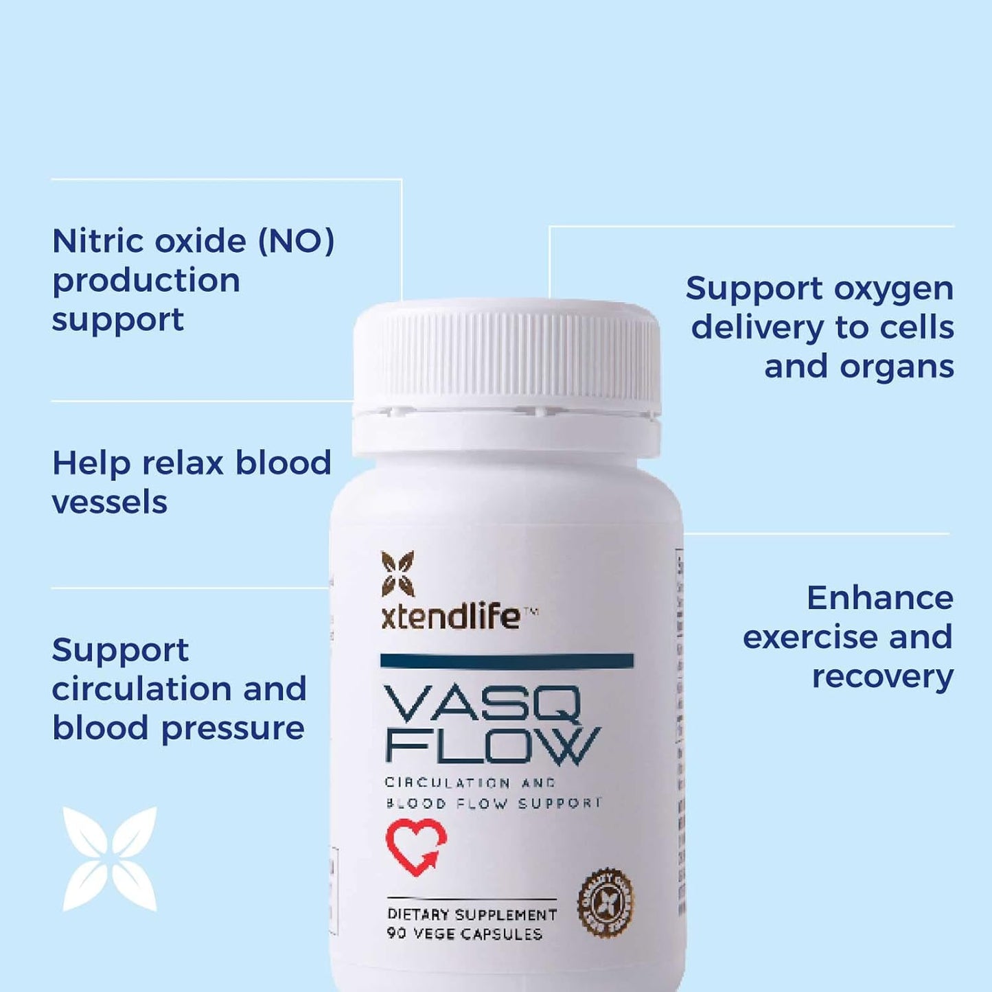 Xtendlife VasQFlow Nitric Oxide Booster - for Circulation, Blood Flow, Heart & Muscle Support-with Red Spinach Extract & Aged Garlic - 1 Month Supply (90 Count)