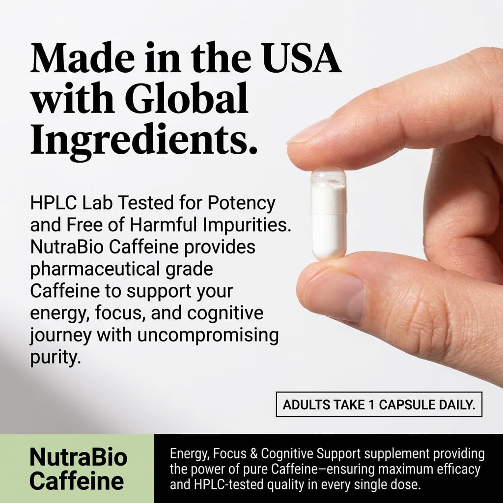 NutraBio 100% Pure Caffeine Capsules (250 Capsules)