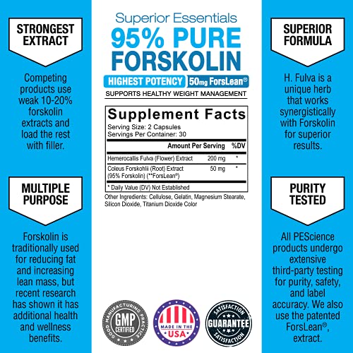 PEScience Forskolin Capsules, 95% Pure Forskolin Extract, Patented ForsLean, 60 Count