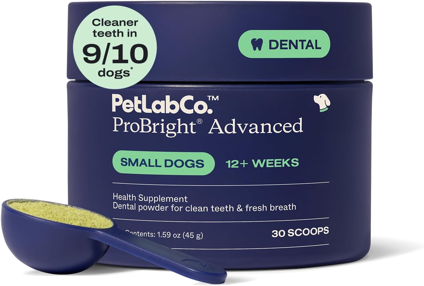PetLab Co. ProBright Advanced Dental Powder, Small Dogs, 30 Scoops | Three-Time Award-Winning* formula shown to support tartar reduction and fresh breath in 28 days, One scoop daily