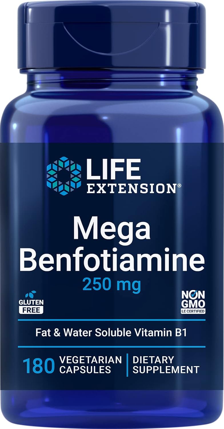 Life Extension Mega Benfotiamine 250 mg, 180 Vegetarian Capsules | 250 mg of benfotiamine and 10 mg of thiamine (vitamin B1) per capsule. Non-GMO, Gluten Free, Vegetarian.