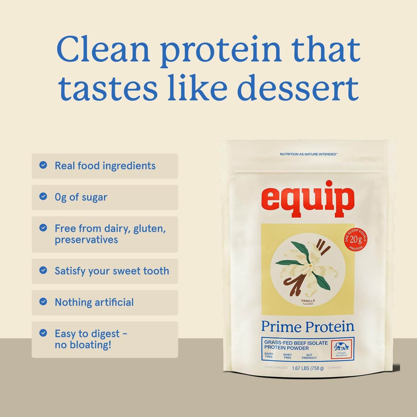 Equip Prime Chocolate Protein Powder - Gut-Friendly, No Sugar Protein Shake Powder with Grass-Fed Beef & Natural Collagen - Rich & Creamy Mix - 21g Per Serving - Whey & Dairy-Free (30 Scoops)