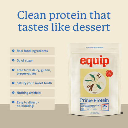 Equip Prime Chocolate Protein Powder - Gut-Friendly, No Sugar Protein Shake Powder with Grass-Fed Beef & Natural Collagen - Rich & Creamy Mix - 21g Per Serving - Whey & Dairy-Free (30 Scoops)