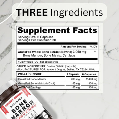 Grass Fed Bone Marrow Supplement, 3060mg, Skin, Oral Health, and Joint Support Supplement, Promotes Whole-Body Wellness, Non GMO Whole Bone Extract, 180 Capsules
