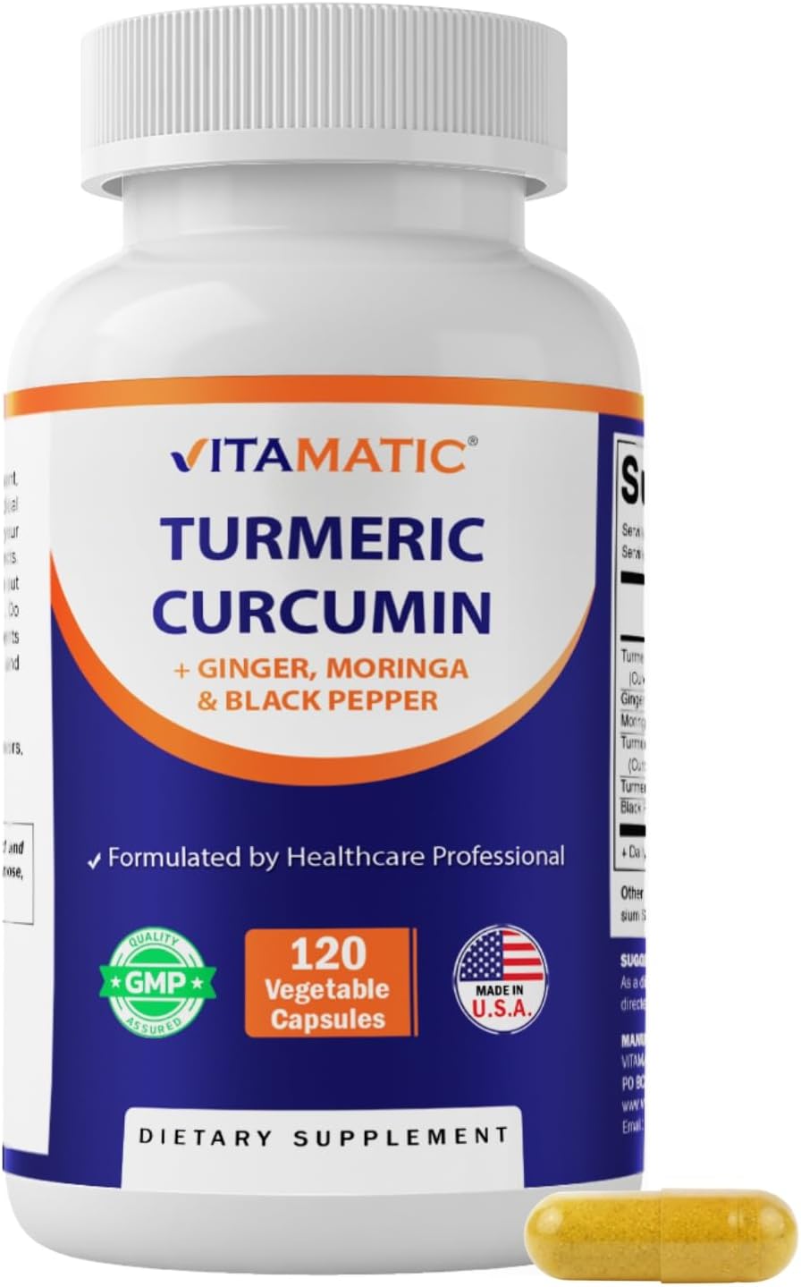 Vitamatic Turmeric Curcumin with Black Pepper, Ginger & Moringa – 120 Vegetarian Capsules