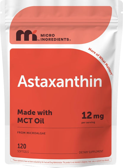 Micro Ingredients Astaxanthin 12mg with MCT Oil, 120 Softgels, 4 Month Supply | Premium Astaxanthin Antioxidant Supplements* | Fresh Microalgae Source | Triple Strength, Non-GMO, Gluten Free, No Soy