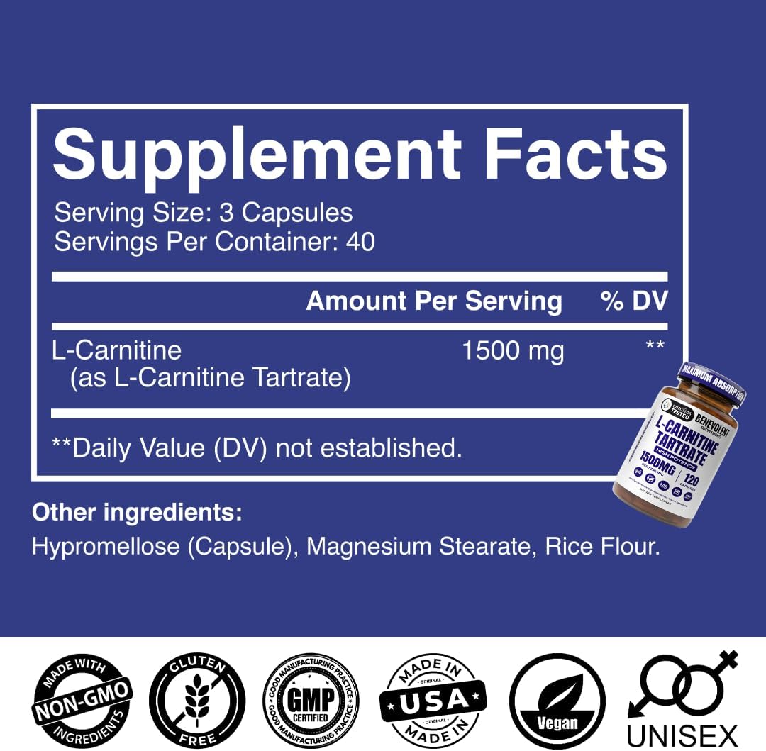 Benevolent L Carnitine Supplement - High Potency 1500mg L-Carnitine Tartrate - Fast Absorbing, Convert Fat to Energy, Support Lean Muscle, Boost Workout Performance & Metabolism – 120 Vegan Capsules