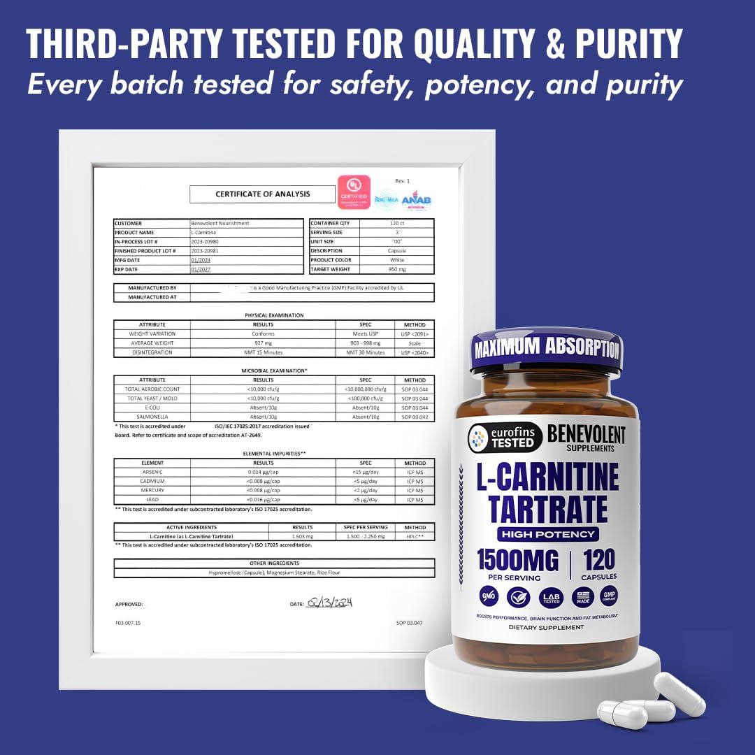 Benevolent L Carnitine Supplement - High Potency 1500mg L-Carnitine Tartrate - Fast Absorbing, Convert Fat to Energy, Support Lean Muscle, Boost Workout Performance & Metabolism – 120 Vegan Capsules