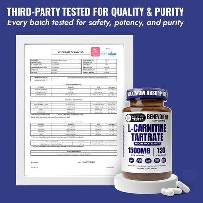 Benevolent L Carnitine Supplement - High Potency 1500mg L-Carnitine Tartrate - Fast Absorbing, Convert Fat to Energy, Support Lean Muscle, Boost Workout Performance & Metabolism – 120 Vegan Capsules