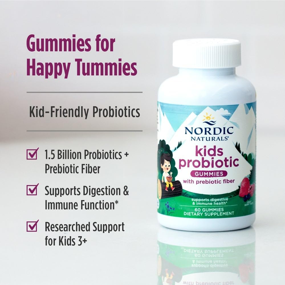 Nordic Naturals Kids Nordic Flora Probiotic Gummies, 1.5B CFU - 60 Count | Supports digestive & immune health. 1.5B CFU probiotics + prebiotic fiber. Non-GMO, Vegan. Berry Punch flavor. 30 Servings