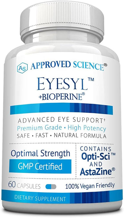 Approved Science EyeSyl - Eye Support Supplement - Chromium Picolinate, Taurine, Lutein, Zeaxanthin, Bilberry, BioPerine - 1 Month Supply - 60 Capsules - Made in The USA