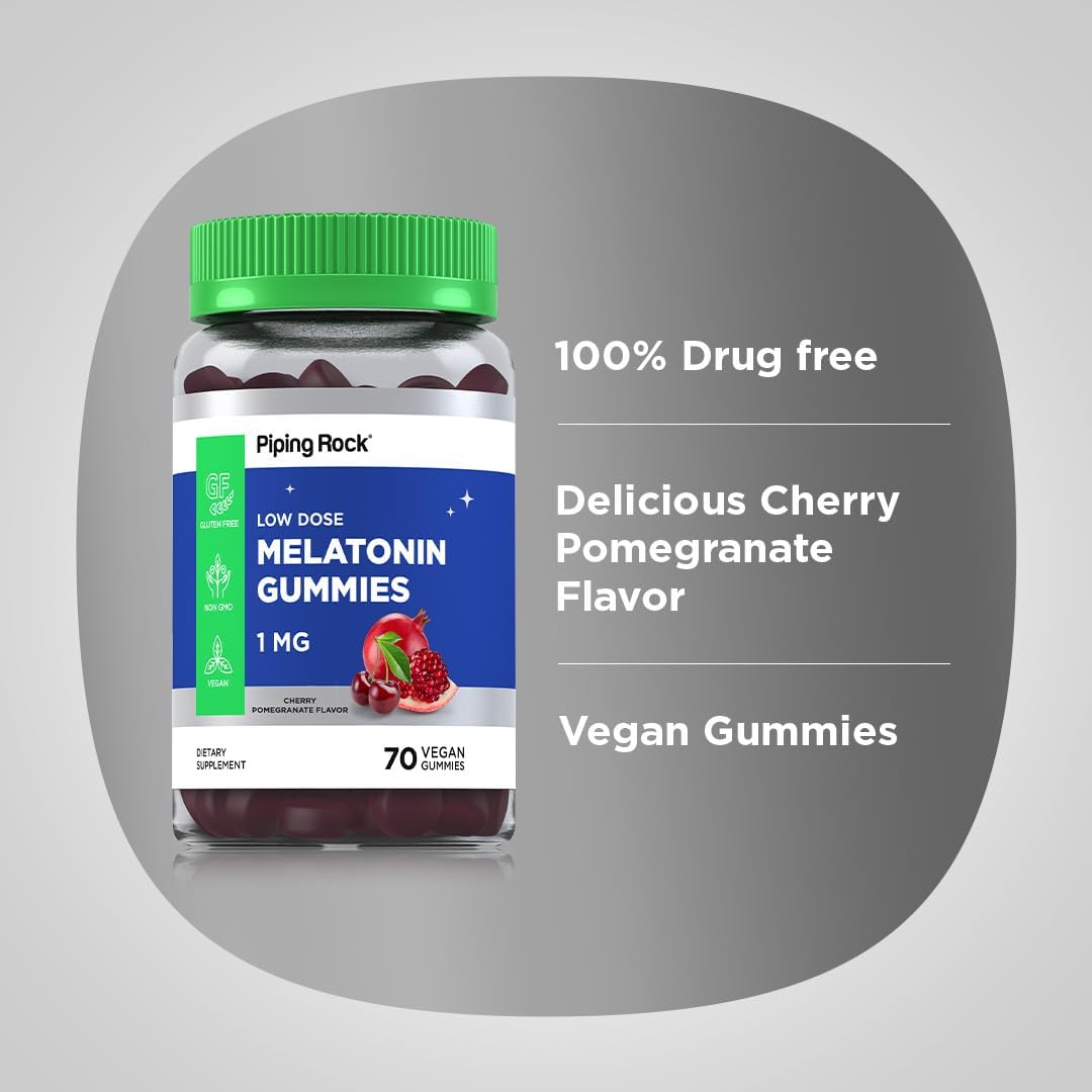 Piping Rock Melatonin Gummies 1 mg | 60 Count | Low Dose Supplement for Kids and Adults | Cherry Pomegranate Flavor | Vegan, Non-GMO, Gluten Free