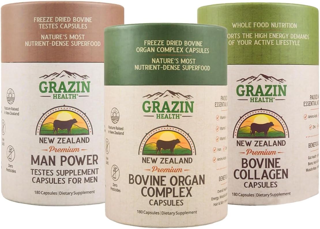 Men’s Vitality Bundle Organ Complex + Man Power + Collagen | Whole-Food Organ Capsules Grass-Fed New Zealand Sourced Supplements for Clean Daily Wellness and Nutrition Support