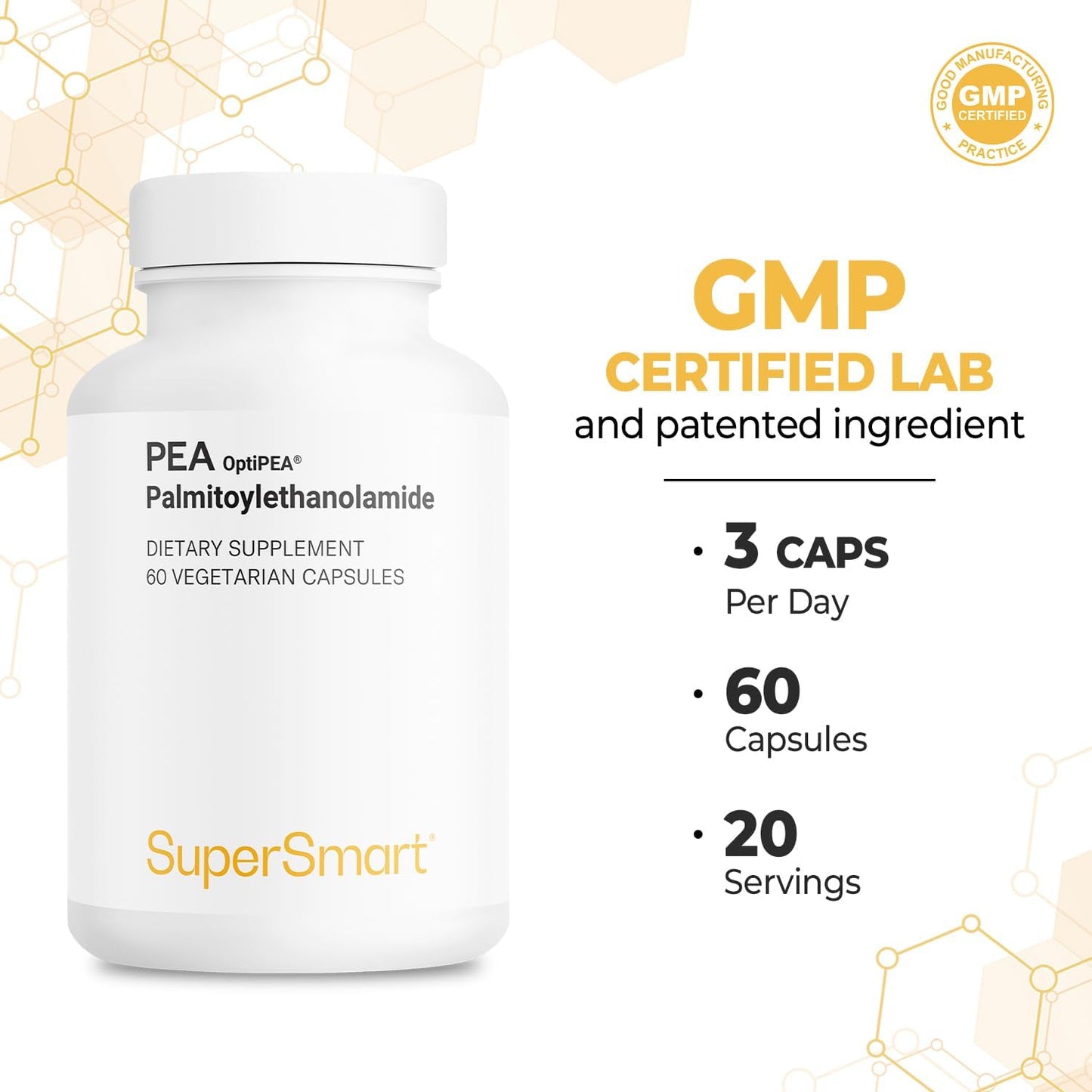 Supersmart - 99% Pea Supplement PalmitoylEthanolAmide 1200 mg per Day - with OptiPEA - Natural Supplement - General Health & Neuropathy Support | Non-GMO & Gluten Free - 60 Vegetarian Capsules