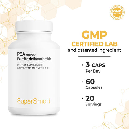Supersmart - 99% Pea Supplement PalmitoylEthanolAmide 1200 mg per Day - with OptiPEA - Natural Supplement - General Health & Neuropathy Support | Non-GMO & Gluten Free - 60 Vegetarian Capsules