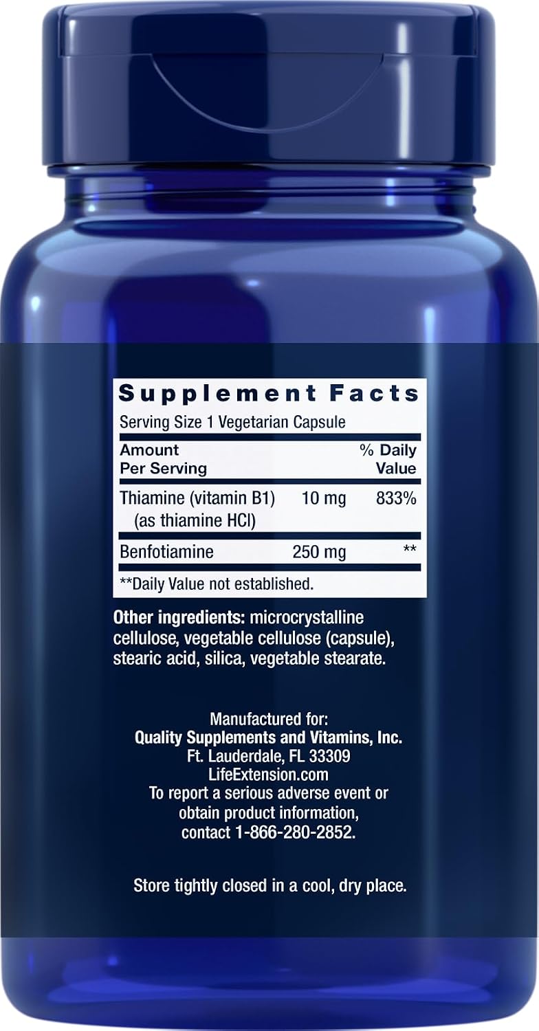 Life Extension Mega Benfotiamine 250 mg, 180 Vegetarian Capsules | 250 mg of benfotiamine and 10 mg of thiamine (vitamin B1) per capsule. Non-GMO, Gluten Free, Vegetarian.