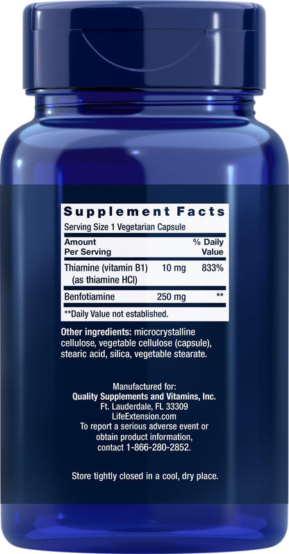 Life Extension Mega Benfotiamine 250 mg, 180 Vegetarian Capsules | 250 mg of benfotiamine and 10 mg of thiamine (vitamin B1) per capsule. Non-GMO, Gluten Free, Vegetarian.