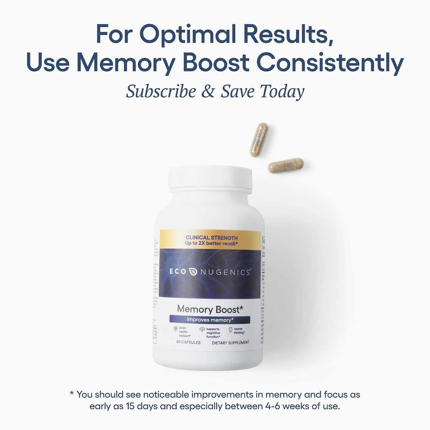 EcoNugenics Memory Boost Supplement – Clinically Studied Ingredients to Support Brain Focus & Health – Nootropic Formula with Bacopa Monnieri, Boswellia Serrata & Ginkgo Biloba Extract – 60 Capsules