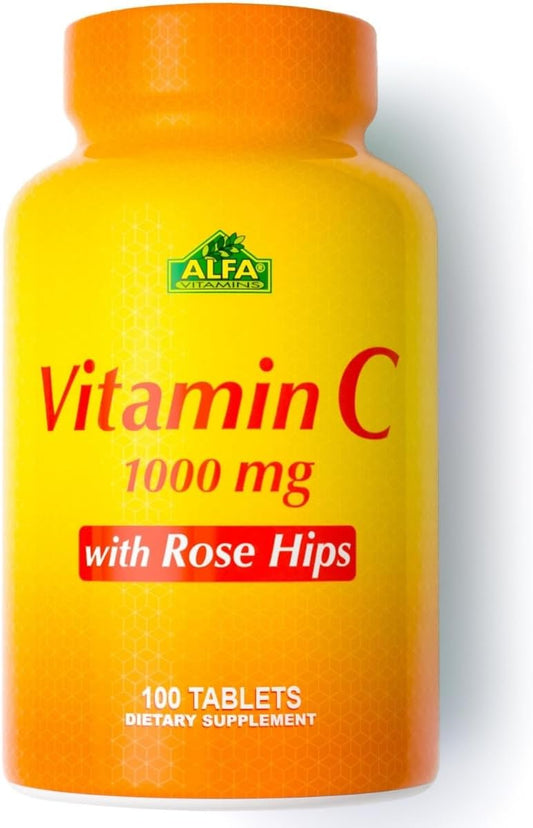 ALFA VITAMINS Vitamin C with Rose Hips with 1000 mg Vitamin C per Serving - Antioxidant & Immune Support + Supports Healthy Skin & Joints - Non GMO, Vegan, Gluten Free, Dairy Free - 100 Tablets