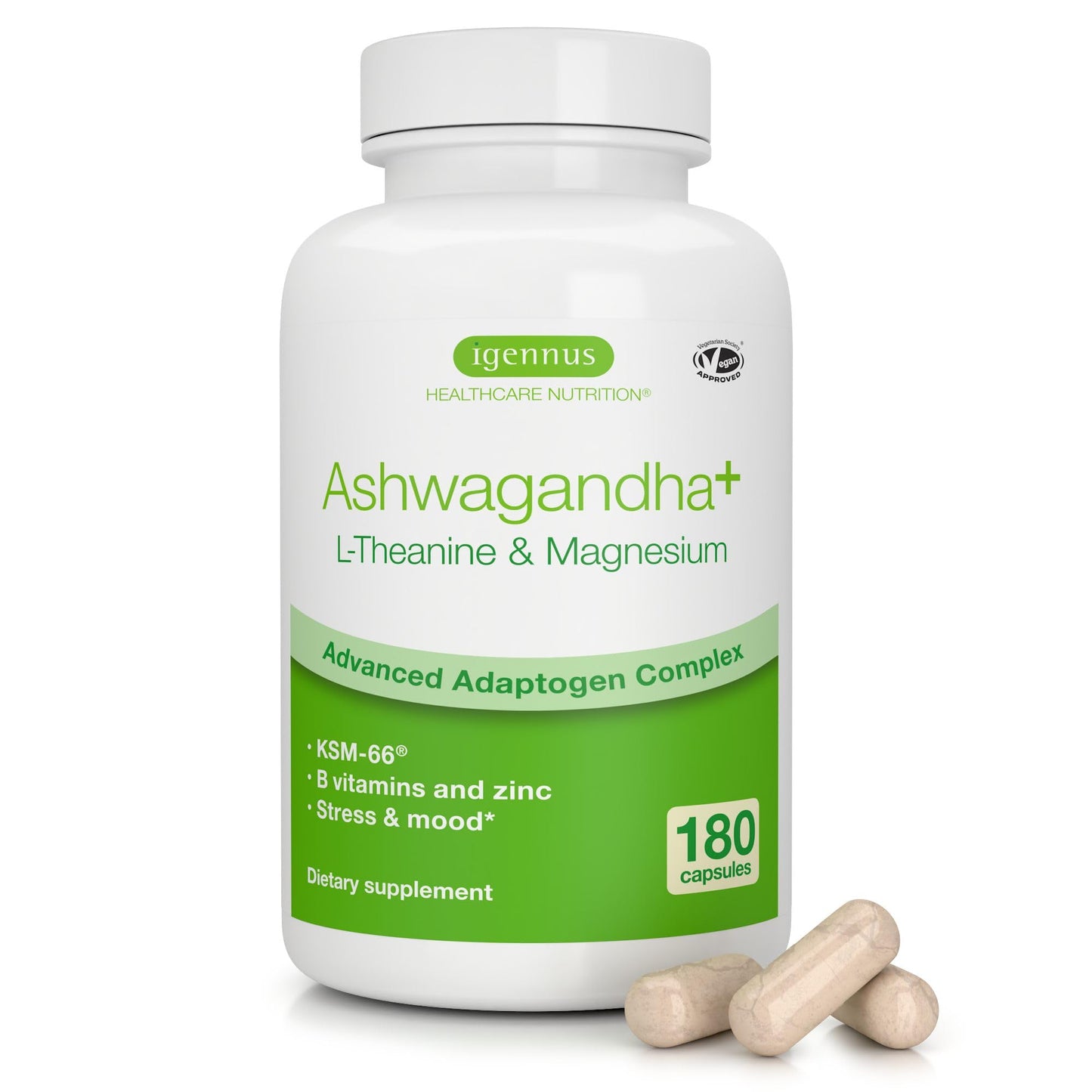 Igennus High Strength Ashwagandha KSM 66, Magnesium, & L-Theanine 3 in 1 Stress, Calm and Replenishment Complex, Clean Label, 60 Fast Acting Capsules | 3 in 1 Stress, Calm and Replenishment Complex, Clean Label, Fast Acting, 60 Capsules