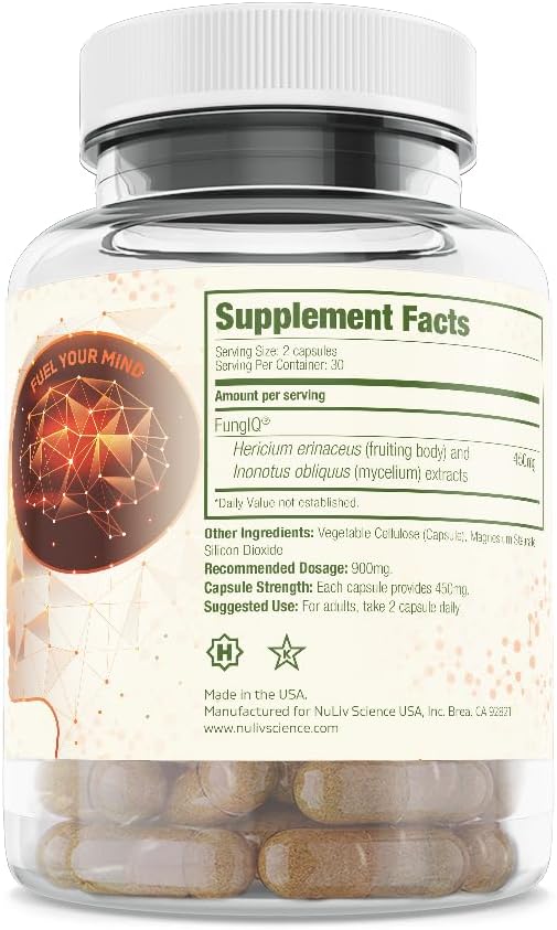 FungIQ Natural Brain Health Supplement. Premium Lion’s Mane & Chaga Mushroom Extract Complex for Sustained Focus & Mental Clarity. Advanced Nootropic for Cellular Brain Energy, 60 Vegan Capsules