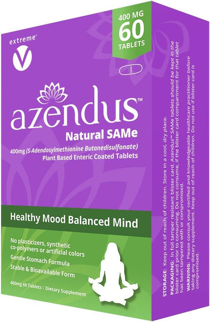 Azendus Mood 400mg 2-Boxes of S-Adendosylmethionine Butanedisulfonate (SAM-e) 120 Enteric Coated Tablets - Vegan, Gluten Free, Soy Free