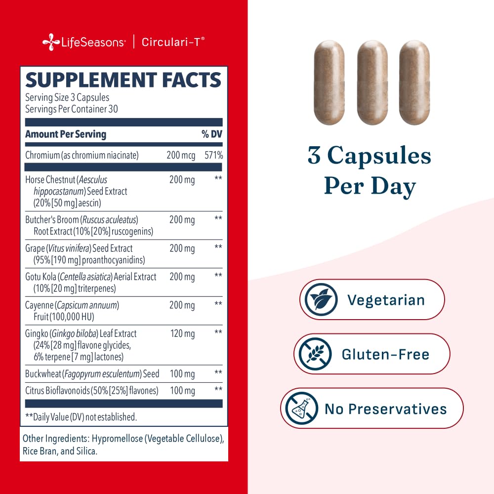 LifeSeasons Circulari-T - Blood Circulation Supplement - Supports Artery, Capillary & Vein Health - Butcher’s Broom, Ginkgo, Cayenne, Grape Seed & Horse Chestnut - 90 Capsules