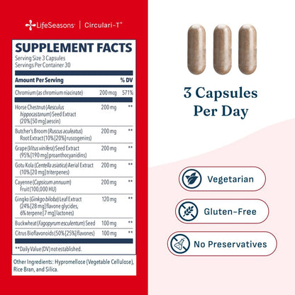 LifeSeasons Circulari-T - Blood Circulation Supplement - Supports Artery, Capillary & Vein Health - Butcher’s Broom, Ginkgo, Cayenne, Grape Seed & Horse Chestnut - 90 Capsules