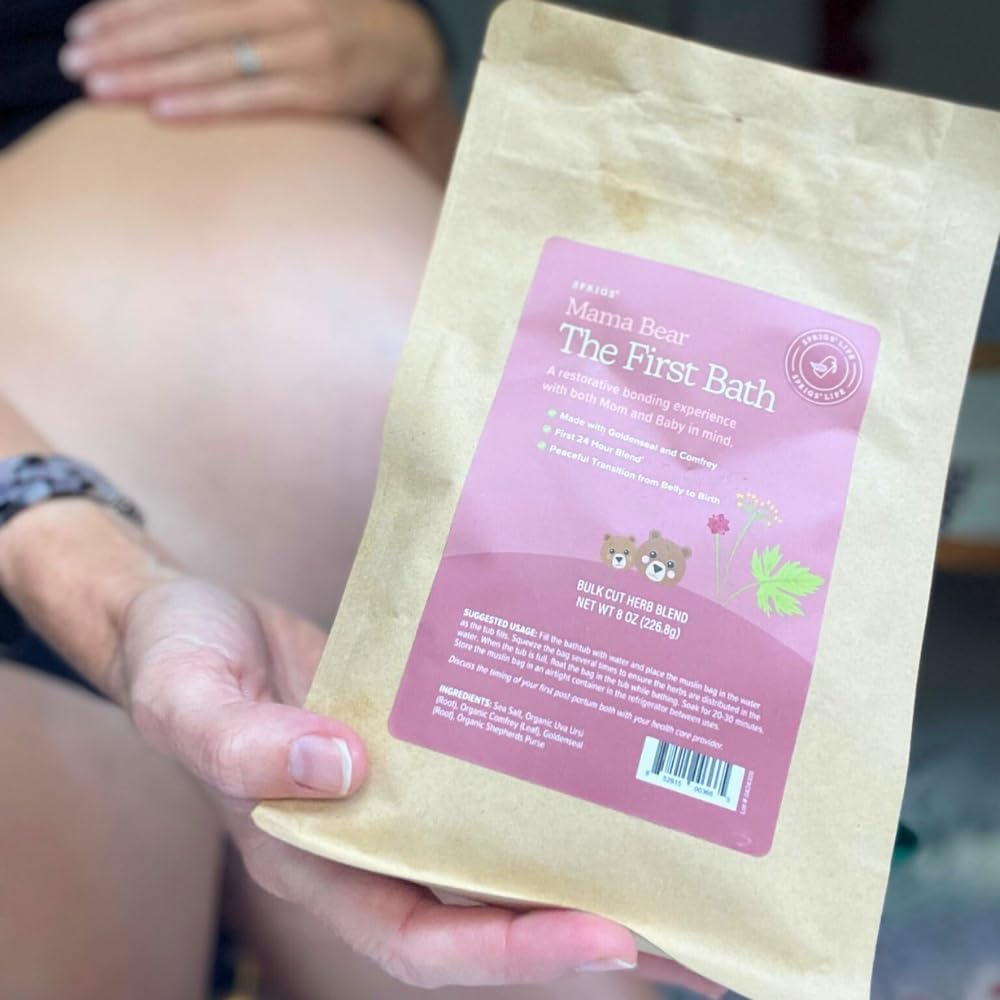 SPRIGS Mama Bear The First Bath, 8 Oz | Natural Herbal Postpartum Recovery Soak | Reusable Bathtub Bag with Sea Salt & Soothing Herbs like Uva Ursi & Goldenseal | For Postnatal Bathing & Perineal Care