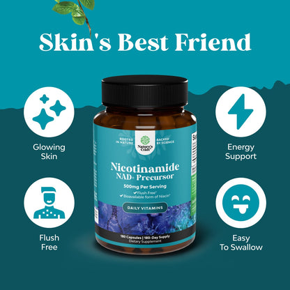 Vitamin B3 Niacinamide 500mg Capsules - Mitochondrial Energy and Potent Skin Supplement - Vitamin B3 Niacin Flush Free and Nicotinamide 500mg - Flush Free Niacin Supplement - 60 Count