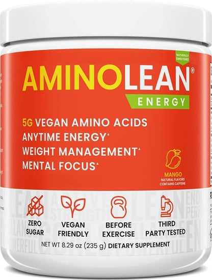 AminoLean Natural Pre Workout Powder & Amino Energy with Vegan BCAA + EAA | Jitter-Free Preworkout Energy from Green Tea + Amino Acids & Weight Management for Women & Men - Naturally Sweetened, Vegan