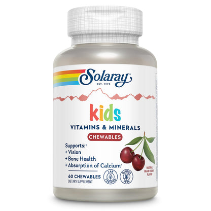 SOLARAY Kid's Vitamins & Minerals, Multivitamin for Kids - Bones, Vision, Heart Health Support w/Vitamin C, Vitamin D and B2, Iron - Gluten Free, 120 Black Cherry Chewables, 60 Servings