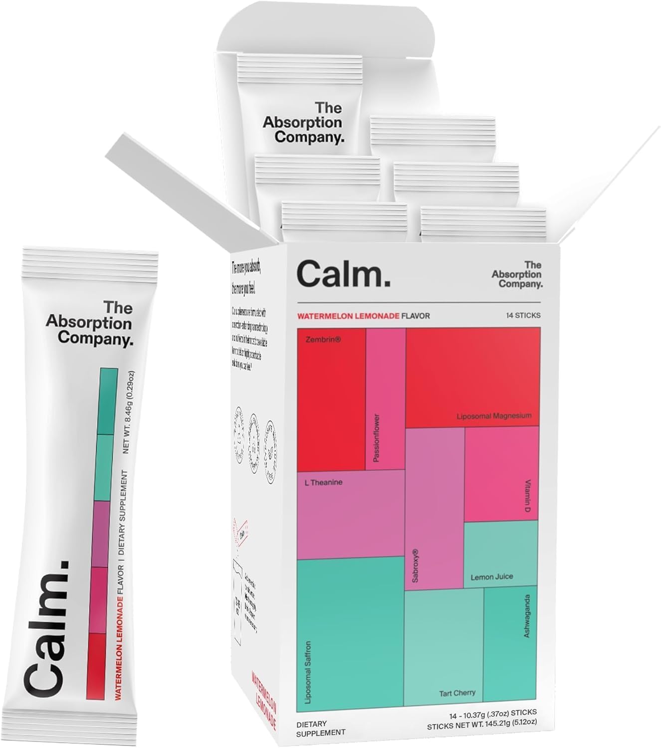 The Absorption Company Calm Powder - Magnesium Drink Mix Packets - 14PK | Vitamin-D,Cortisol Regulation for Men & Women, Mood Support with Ashwagandha & L-Theanine for Relaxation, Watermelon Lemonade