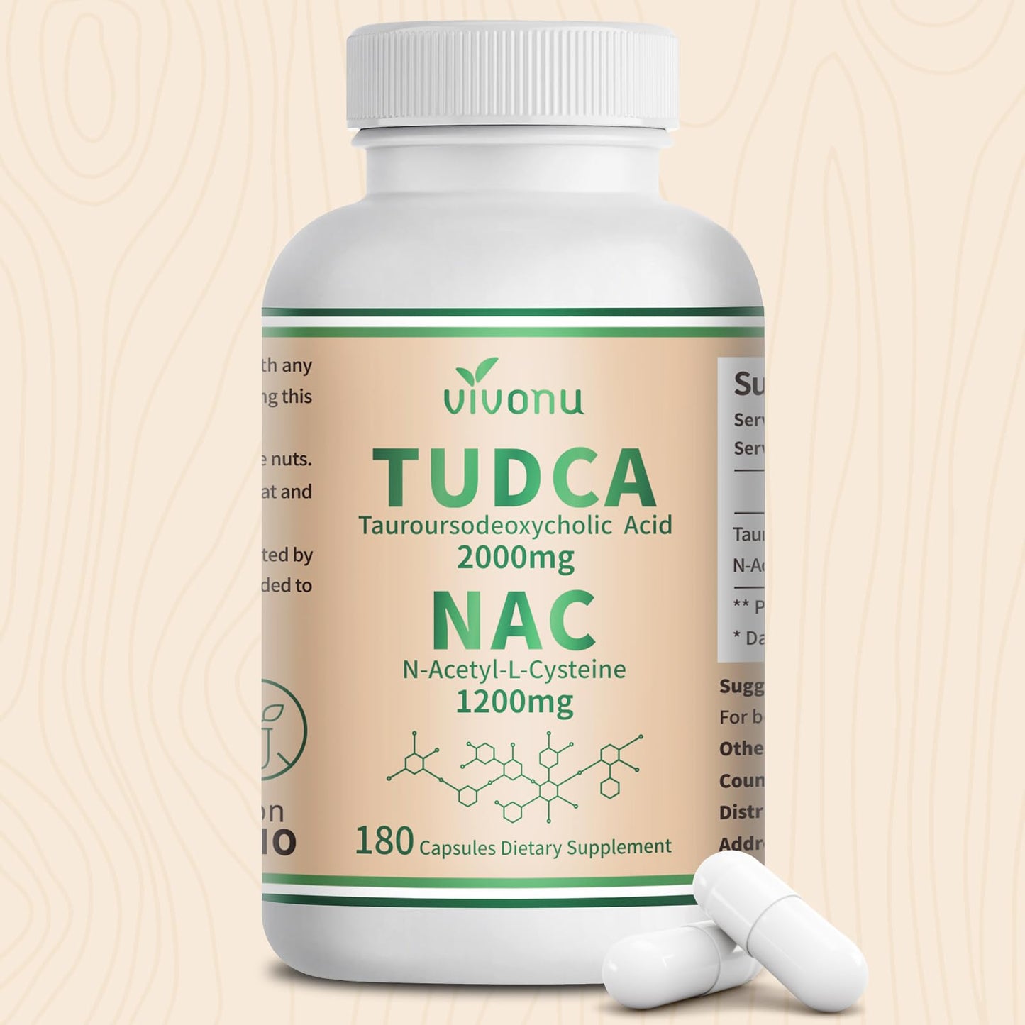VivoNu TUDCA 625mg + NAC 375mg Supplement Complex Capsules, TUDCA Bile Salt + N Acetyl Cysteine, Antioxidant Supplements for Liver&Lung&Digestion&Gallbladder Cleanse(180 Capsules)
