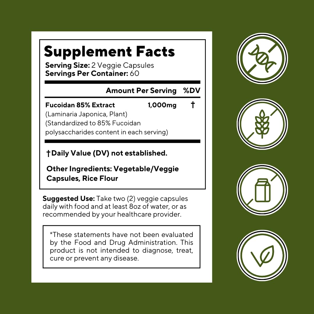 Vitapia Pure Fucoidan 85% Brown Seaweed Extract for Immune, Strong Cellular Health, Digestive Support - 1000mg Fucoidan Per Serving - 120 Veggie Capsules Non-GMO, Gluten-Free, Vegan-Friendly