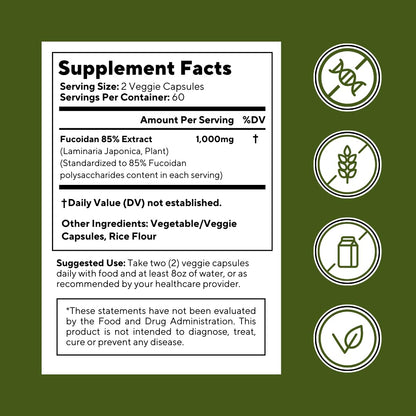 Vitapia Pure Fucoidan 85% Brown Seaweed Extract for Immune, Strong Cellular Health, Digestive Support - 1000mg Fucoidan Per Serving - 120 Veggie Capsules Non-GMO, Gluten-Free, Vegan-Friendly