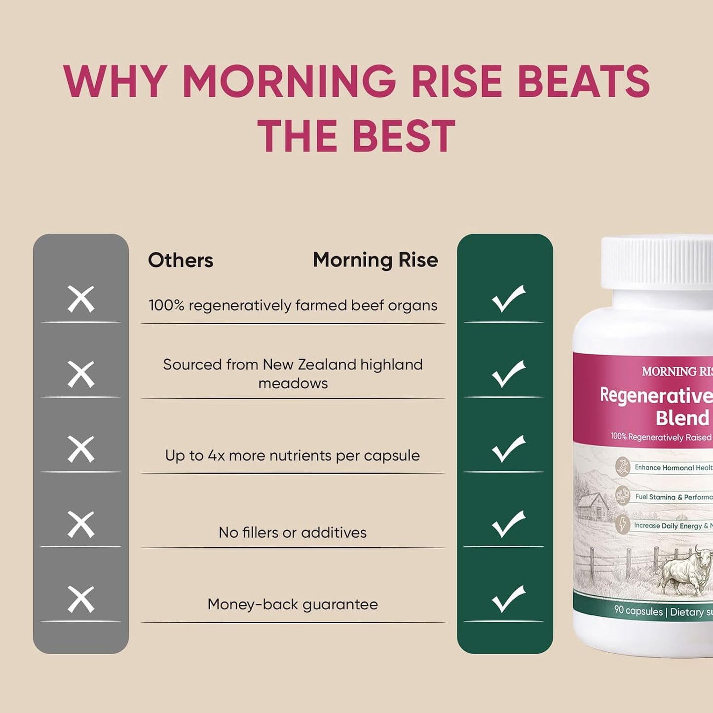 MORNING RISE Regeneratively Raised Beef Organs Capsules, Grass Fed & Pasture Raised, Gluten-Free, Non-GMO, 90 Count