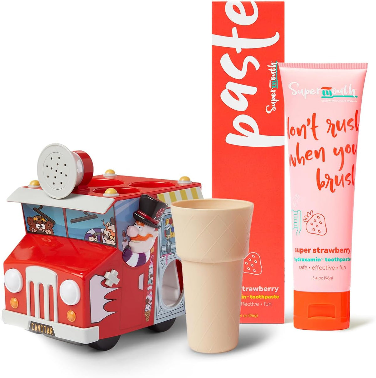 SuperMouth Kids Oral Care Bundle – Ice Cream Truck Organizer with Toothpaste Dispenser, Music & Lights + Fluoride-Free Toothpaste with Nano Hydroxyapatite, Safe & Fun for Kids, Strawberry