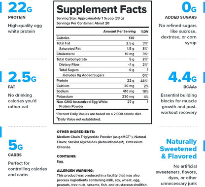 LEGION Egg+ Protein Powder with BCAAs - Naturally Sweetened and Flavored Egg White Protein Powder - Fast Digesting Protein for Muscle Growth and Strength, Vanilla, 20 Servings